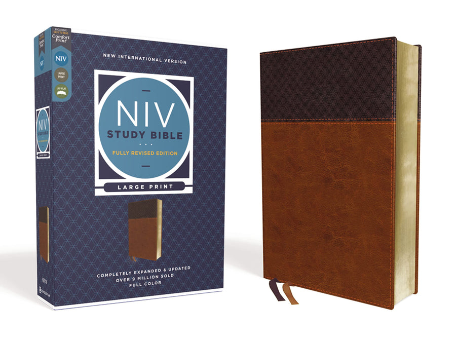 NIV Study Bible, Fully Revised Edition, Large Print, Leathersoft, Brown, Red Letter, Comfort Print -- Kenneth L. Barker, Bible