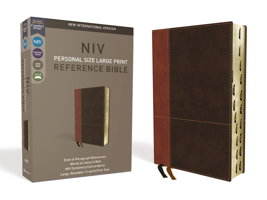 NIV, Personal Size Reference Bible, Large Print, Imitation Leather, Brown, Indexed, Red Letter Edition, Comfort Print -- Zondervan, Bible