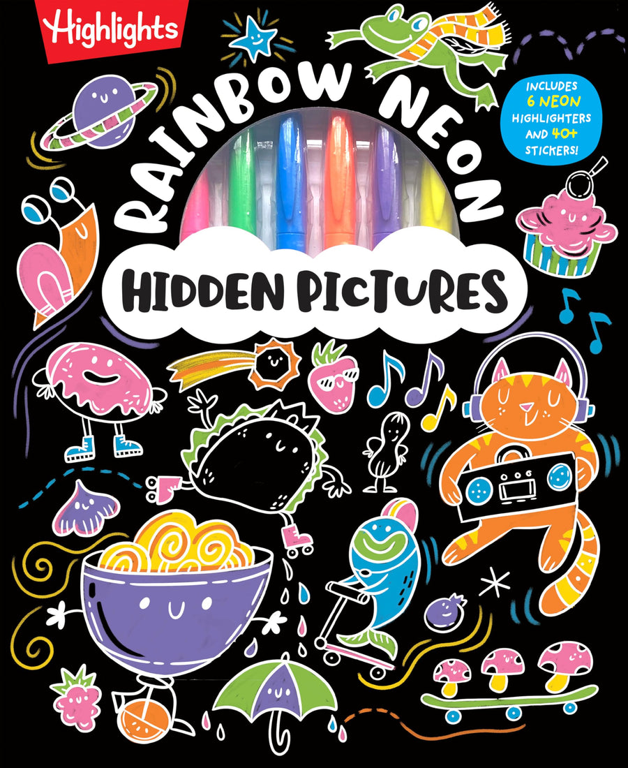 Rainbow Neon Hidden Pictures: Rainbow Activity Book with Neon Markers and Over 40 Stickers, Fun Sticker Puzzle Book for Creative Kids Ages 6-12 -- Highlights, Hardcover
