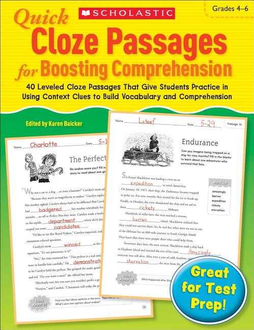 Quick Cloze Passages for Boosting Comprehension: Grades 4-6: 40 Leveled Cloze Passages That Give Students Practice in Using Context Clues to Build Voc -- Scholastic, Paperback