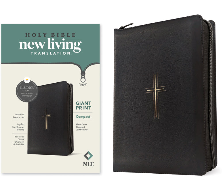 NLT Compact Giant Print Zipper Bible, Filament Enabled (Leatherlike, Black Cross, Red Letter) -- New Living Translation, Bible