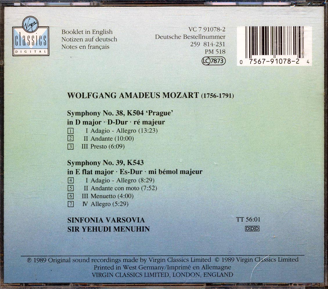 Mozart, Sir Yehudi Menuhin, Sinfonia Varsovia - Symphonies No. 38 Prague And No. 39 - CD, CD