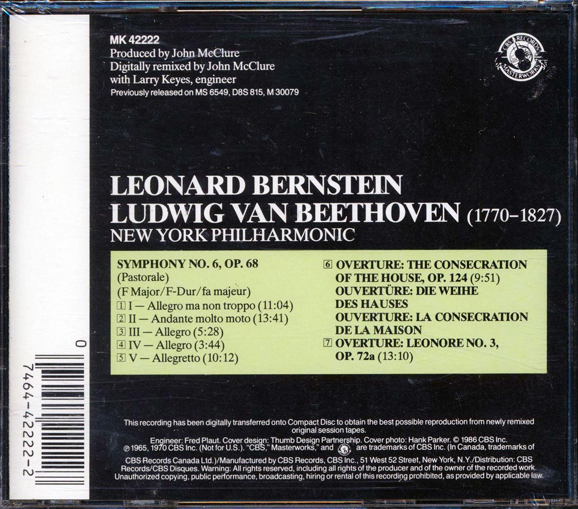 Leonard Bernstein, Beethoven - Symphony No. 6; The Consecration Of The House Overture; Leonore Overture - CD, CD
