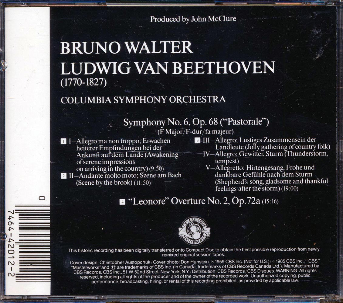 Bruno Walter, Beethoven, Columbia Symphony Orchestra - Symnphony No. 6; Leonore Overture - CD, CD