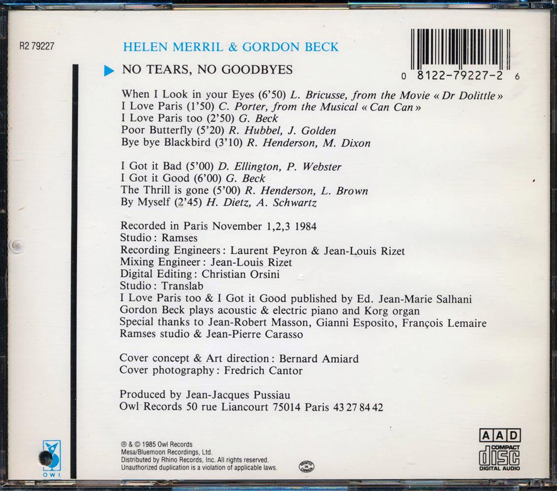 Helen Merrill, Gordon Beck - No Tears, No Goodbyes - CD, CD