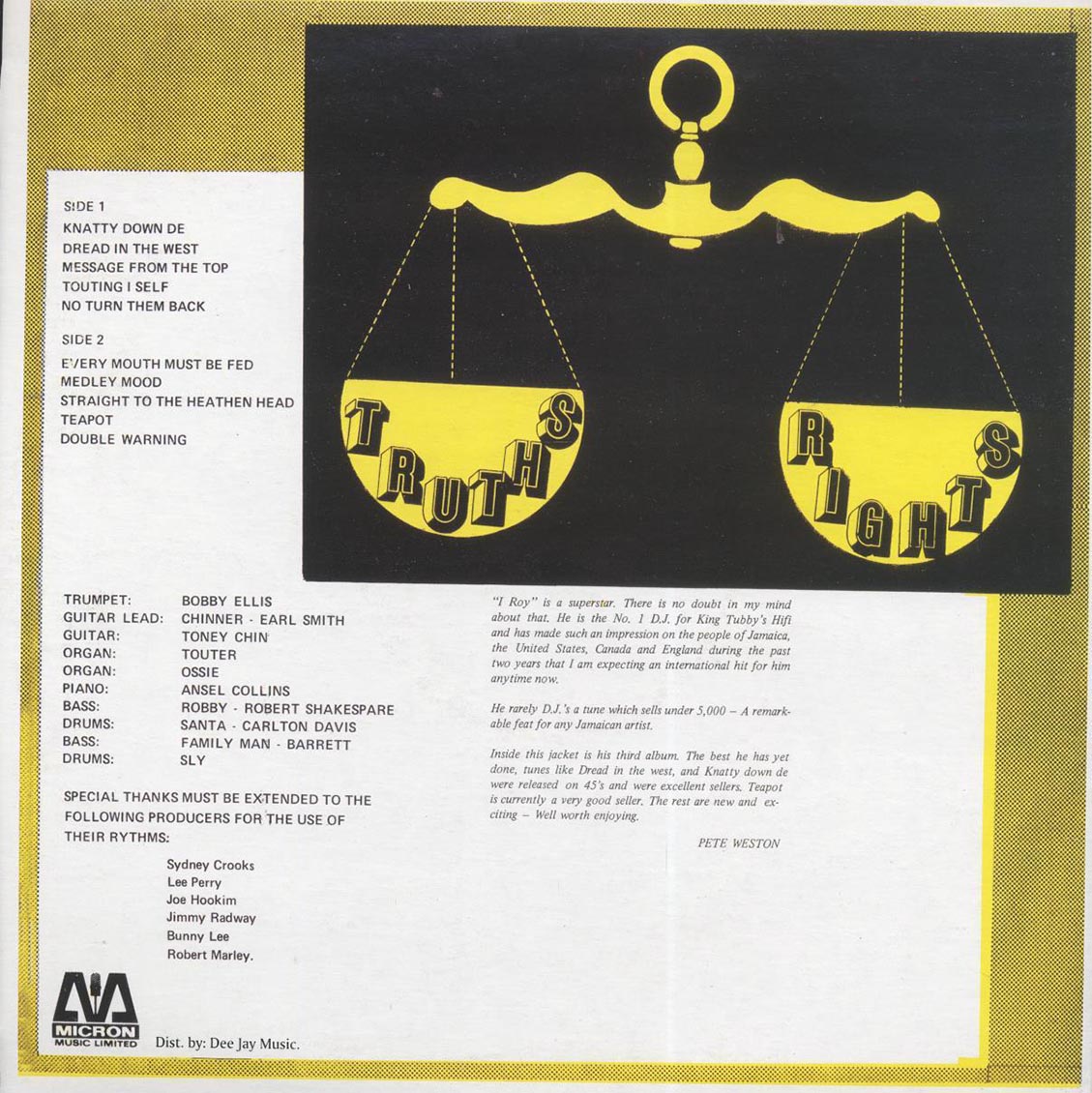 I Roy - Truths & Rights (Jamaica press) - Vinyl LP, LP