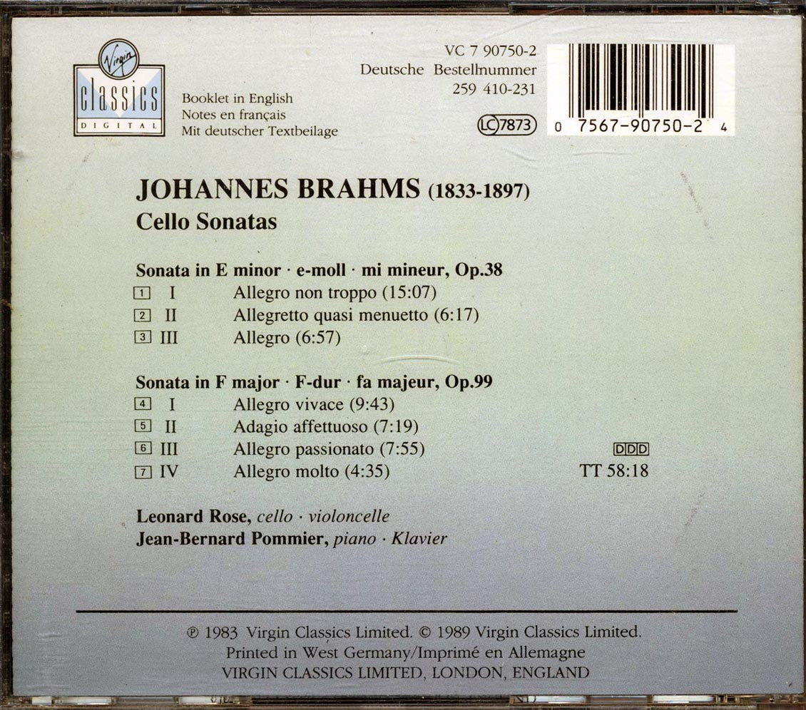Leonard Rose, Jean-Bernart Pommier, Brahms - Brahms: Cello Sonatas - CD, CD