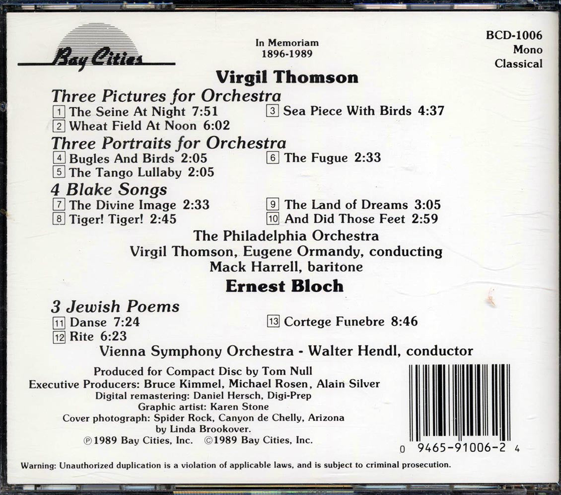 Virgil Thomson, Ernest Bloch - 3 Portraits For Orchestra, 3 Pictures For Orchestra, 4 Blake Songs, 3 Jewish Poems - CD, CD