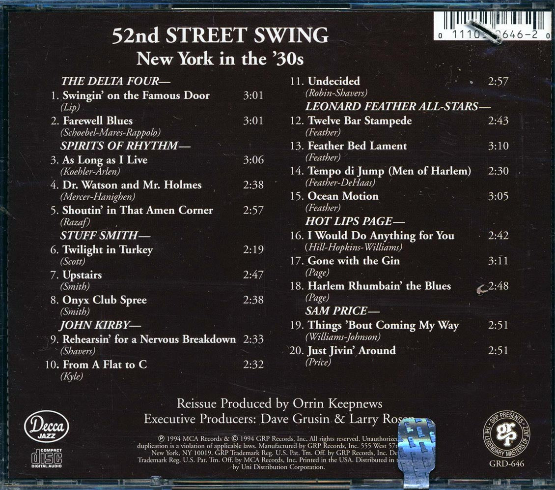 Hot Lips Page, The Delta Four, Spirits Of Rhythm, Stuff Smith, Etc. - 52nd Street Swing: New York In The 30's - CD, CD