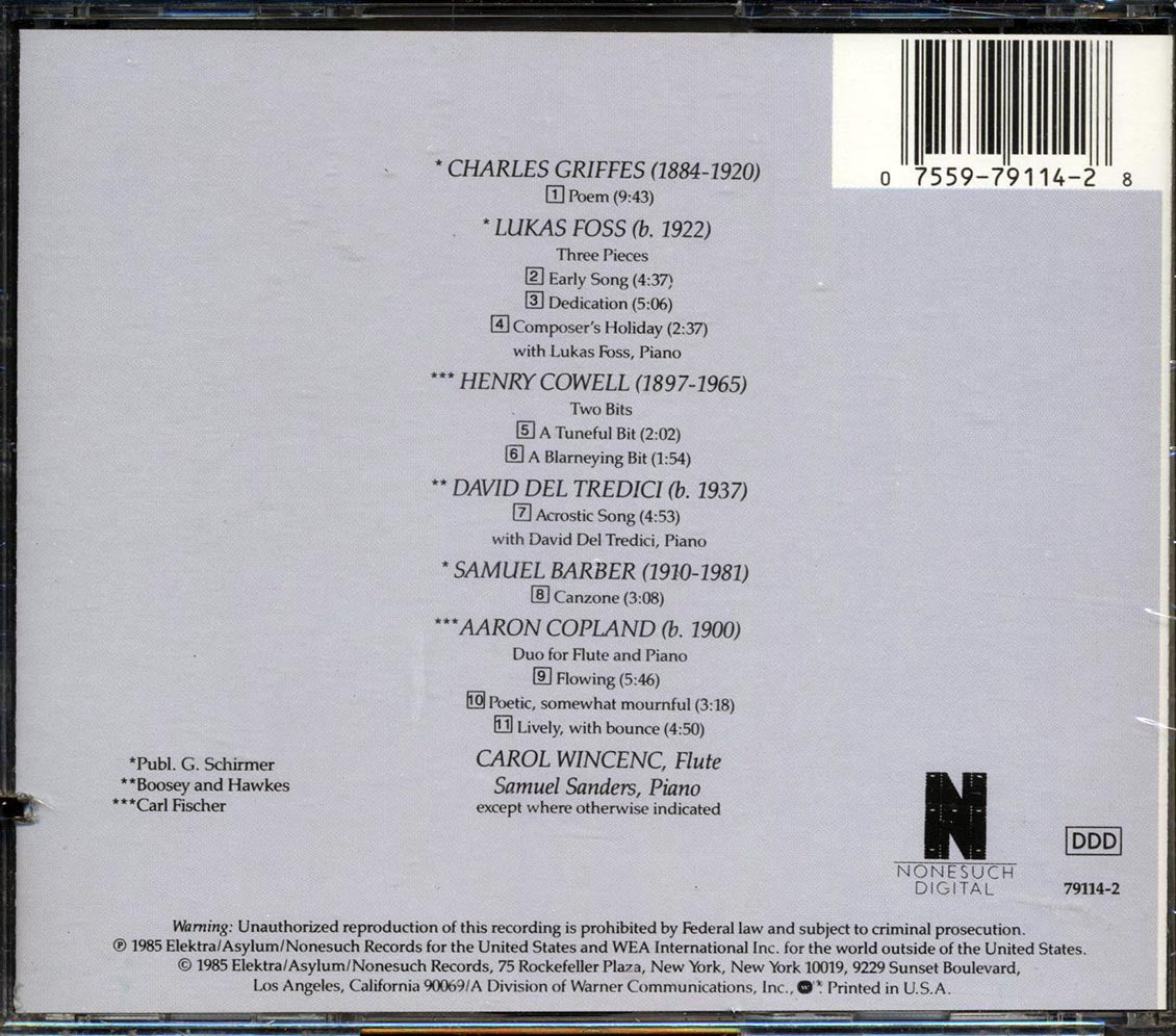 Carol Wincenc, Samuel Sanders, Lukas Foss, David Del Tredici - Music Of Barber, Copland, Cowell, Del Tredici, Foss, Griffes (marked/ltd stock) - CD, CD