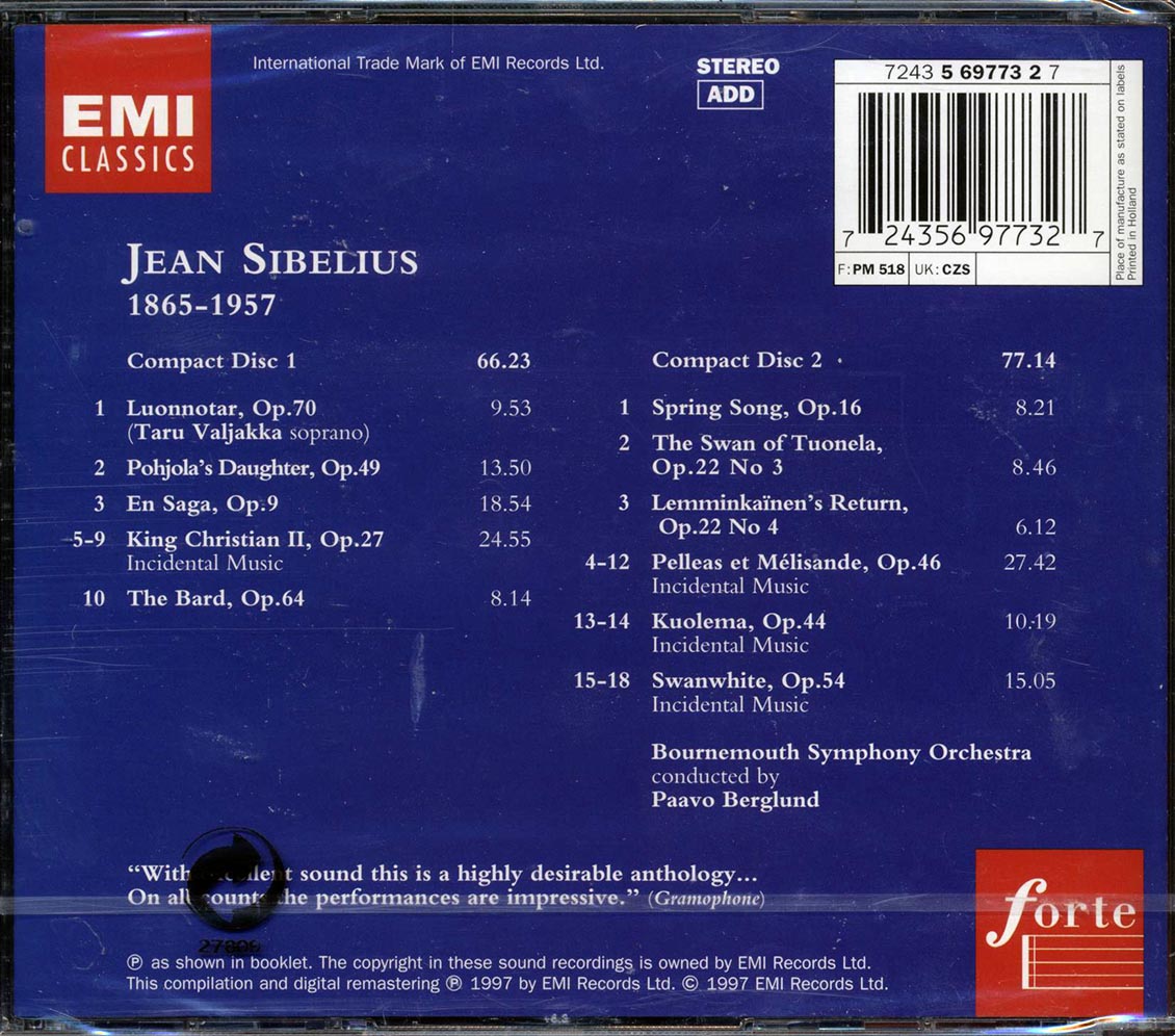 Sibelius, Bournemouth Symphony Orchestra, Paavo Berglund - Orchestral Works (24 tracks) (2xCD) (incl. large booklet) - CD, CD