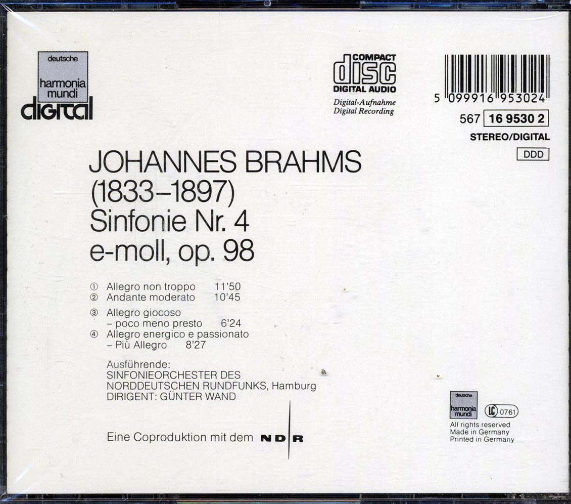 Gunter Wand, Sinfonieorchester Des Norddeutschen Rundfunks, Johannes Brahms - Sinfonie Nr. 4 E-Moll, Opus 98 - CD, CD