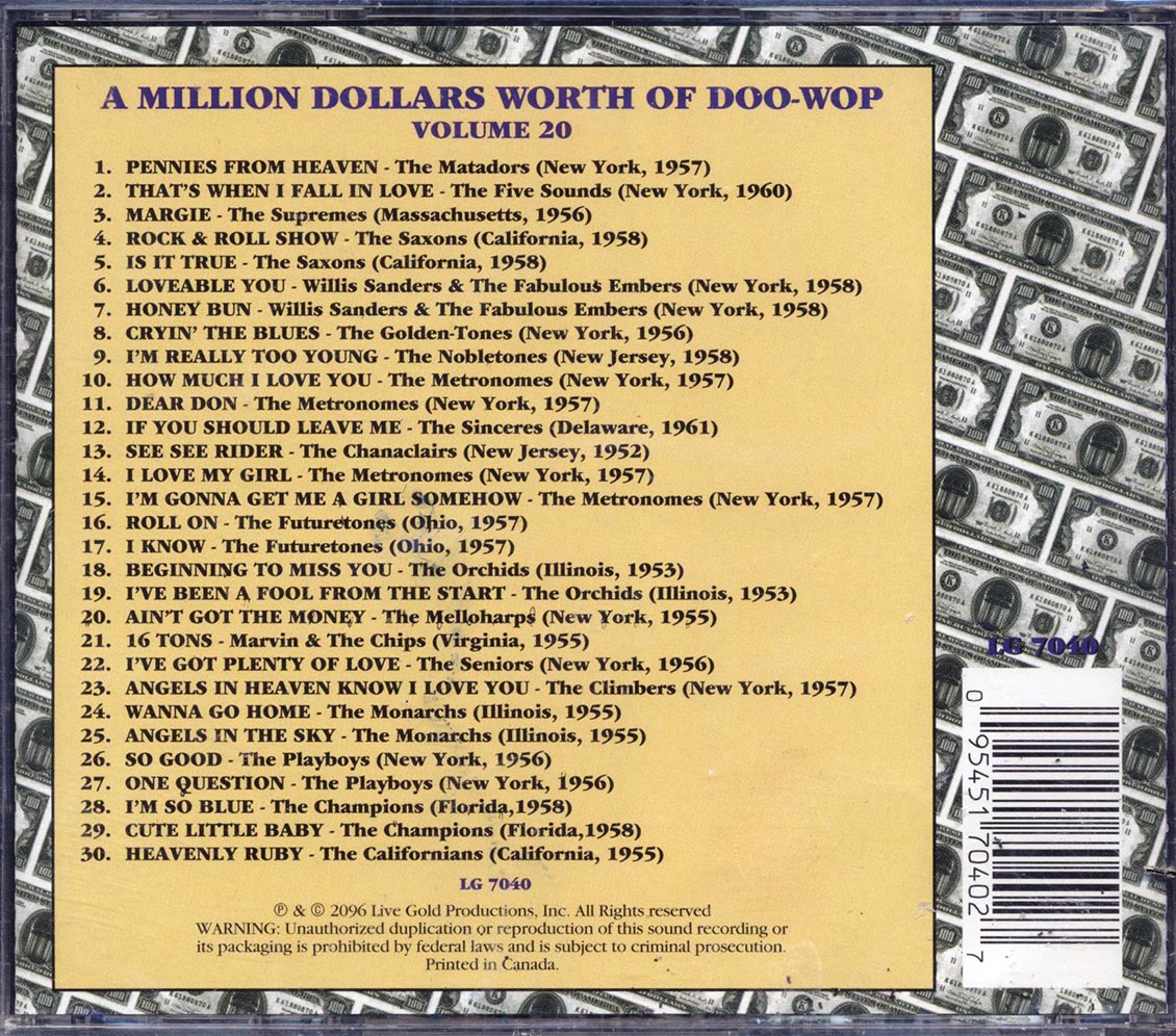 The Matadors, The Five Sounds, The Supremes, Etc. - A Million Dollars Worth Of Doo-Wop Volume 20 (30 tracks) (marked/ltd stock) - CD, CD