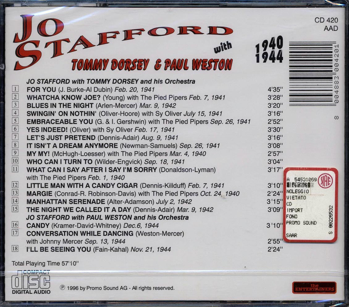 Jo Stafford - Jo Stafford With Tommy Dorsey & Paul Weston 1940-1944 - CD, CD