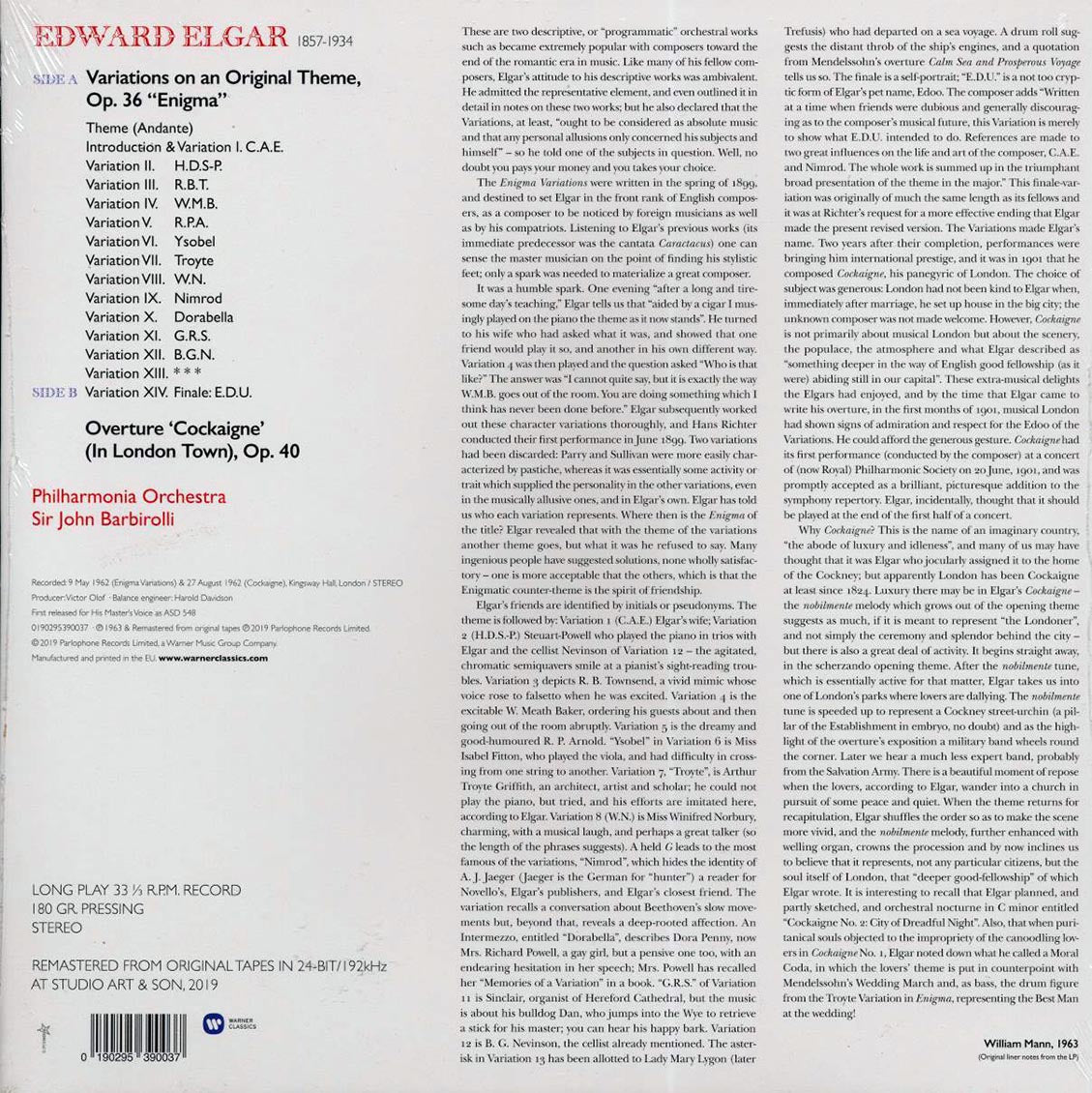 Elgar, Sir John Barbirolli, Philharmonic Orchestra - Enigma Variations, Etc. - Vinyl LP, LP