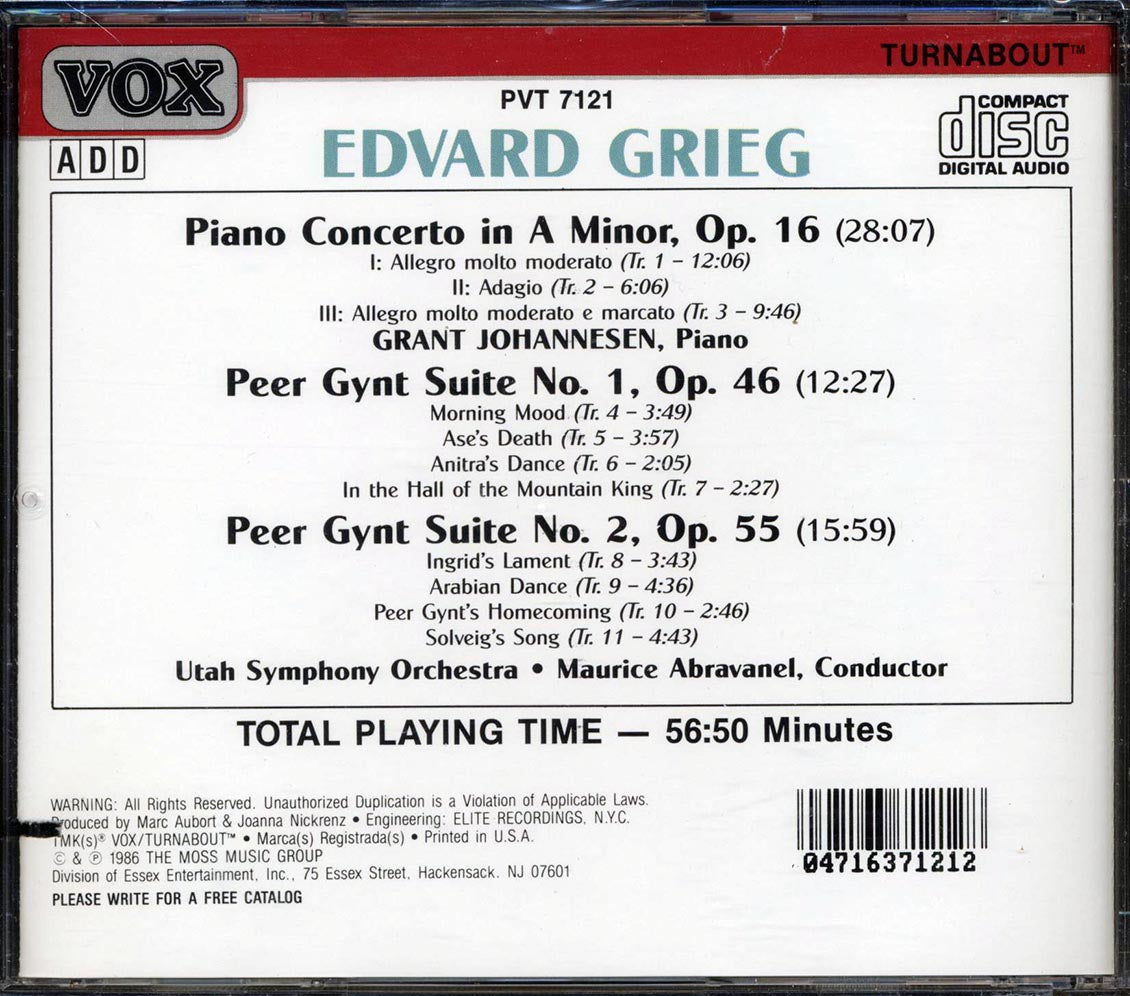 Edvard Grieg, Grant Johannesen, Utah Symphony Orchestra, Maurice Abravanel - Piano Concerto / Peer Gynt Suites (marked/ltd stock) - CD, CD