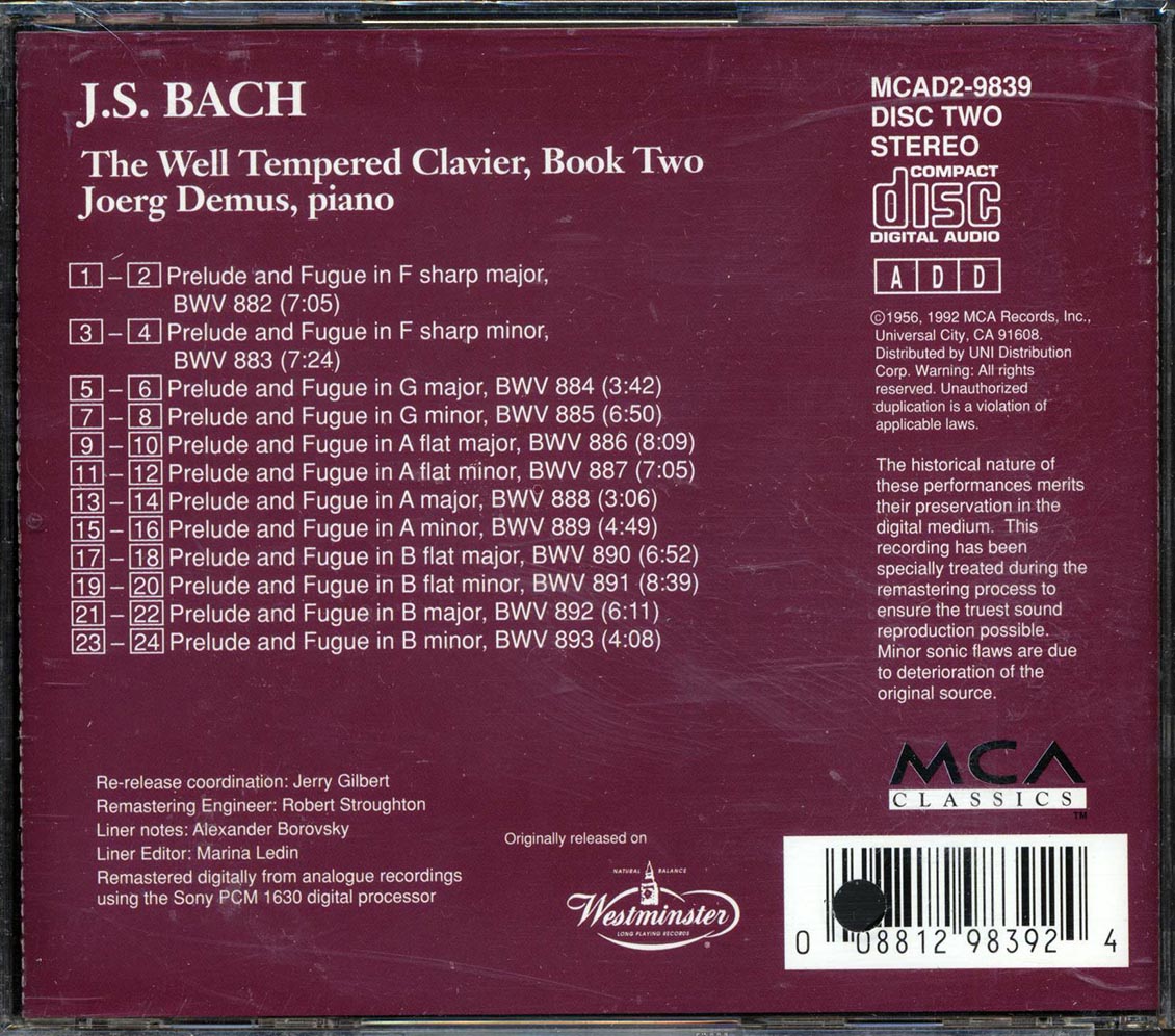 Johann Sebastian Bach, Joerg Demus - The Well Tempered Clavier, Book Two (marked/ltd stock) - CD, CD
