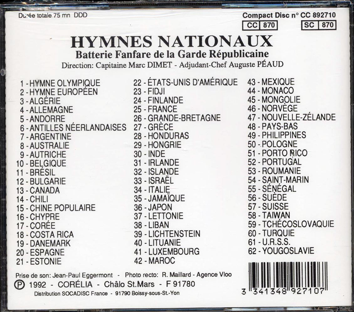 Batterie Fanfare De La Garde Republicaine - Hymnes Nationaux (62 tracks) - CD, CD