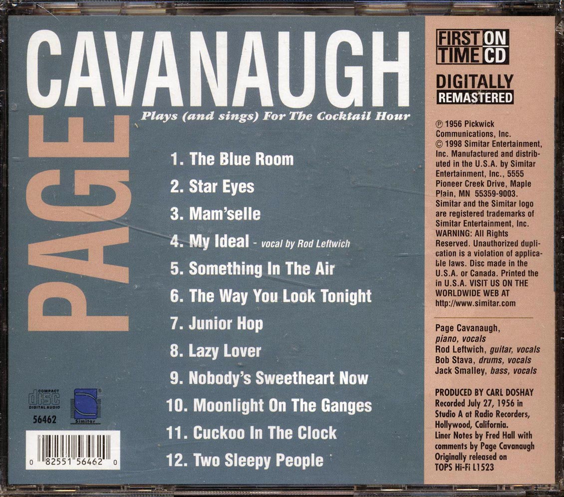 Page Cavanaugh - Plays And Sings For The Cocktail Hour - CD, CD