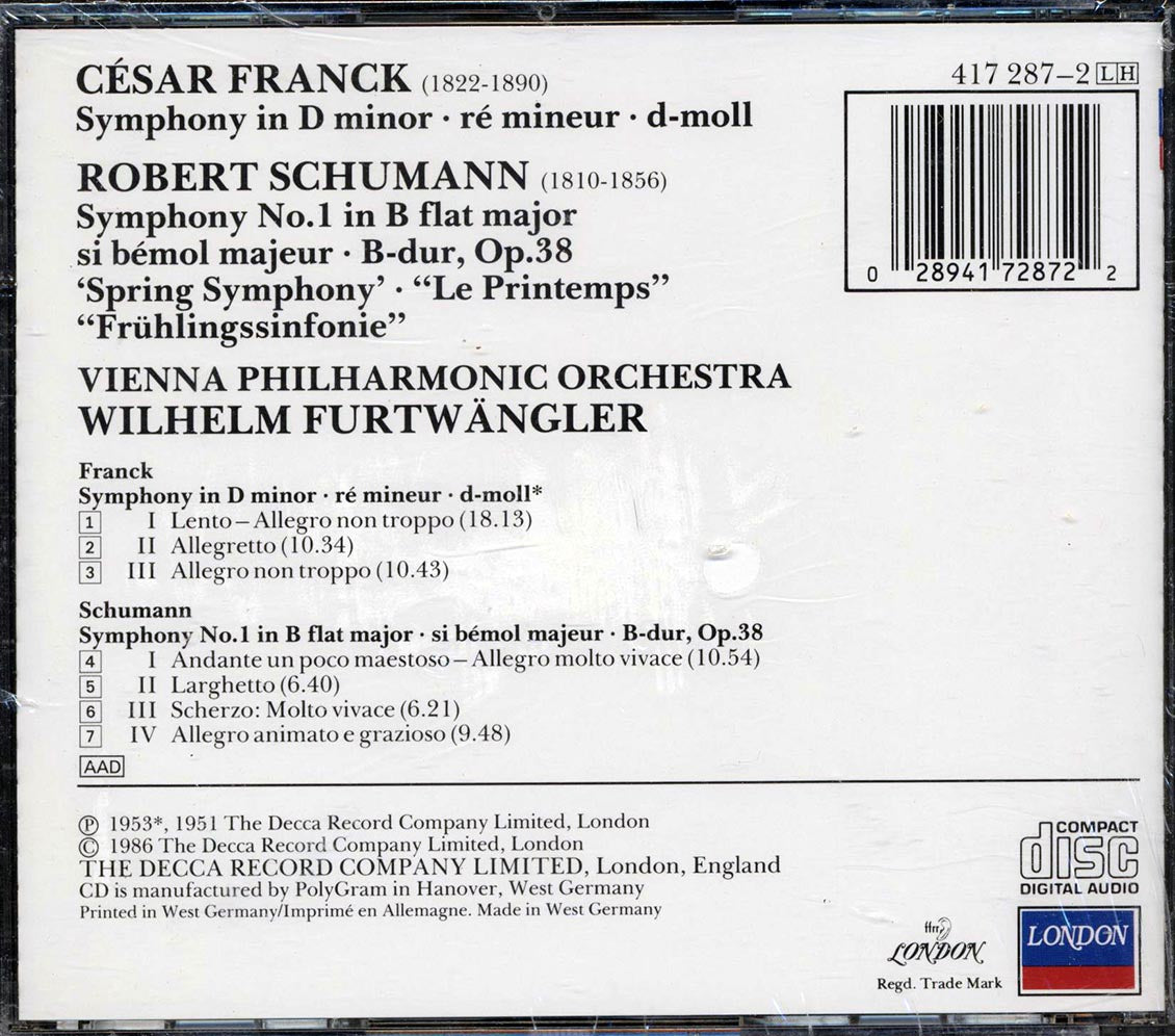 Franck, Schumann, Vienna Philharmonic, Wilhelm Furtwangler - Symphony In D Minor, Spring Symphony - CD, CD