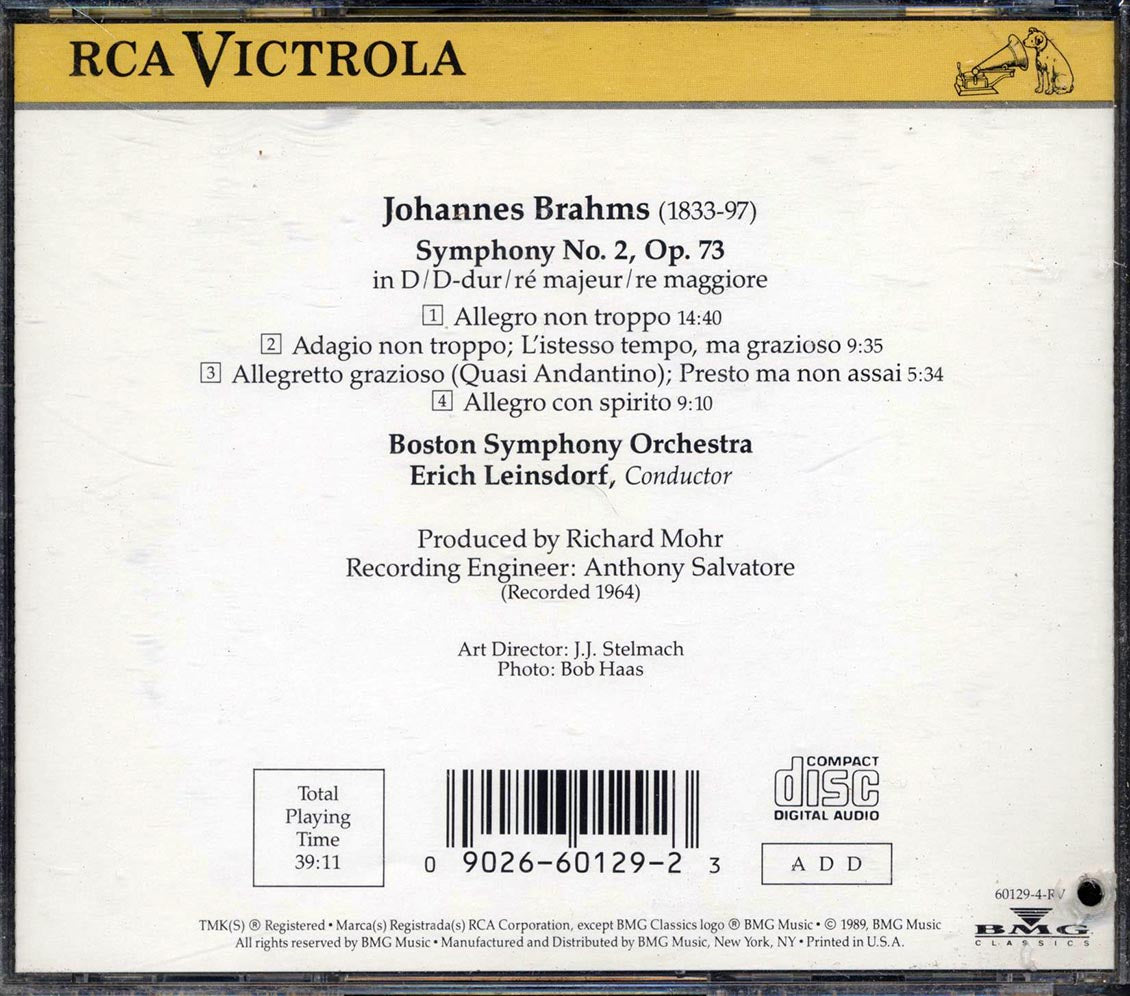 Brahms, Boston Symphony Orchestra, Erich Leinsdorf - Symphony No. 2 - CD, CD