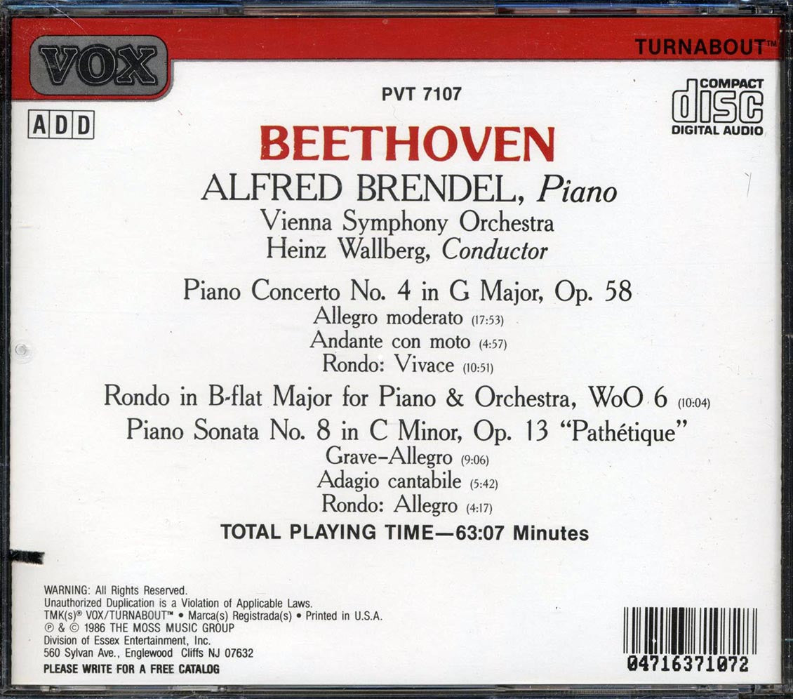 Beethoven, Alfred Brendel, Vienna Symphony Orchestra, Heinz Wallberg - Piano Concerto No. 4, Rondo In B-Flat, Pathetique Sonata - CD, CD