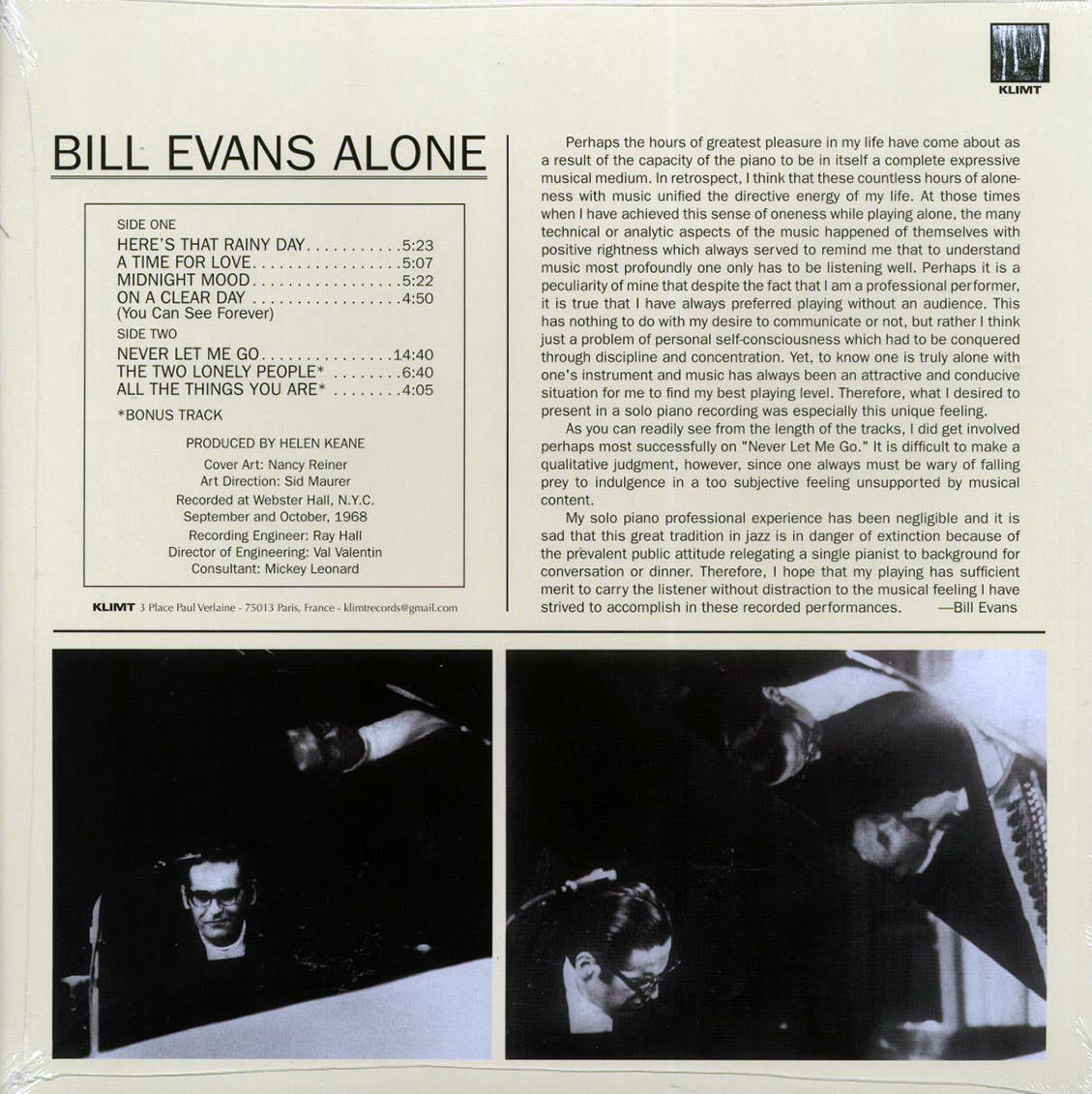 Bill Evans - Alone (+2 bonus tracks) (white vinyl) - Vinyl LP, LP