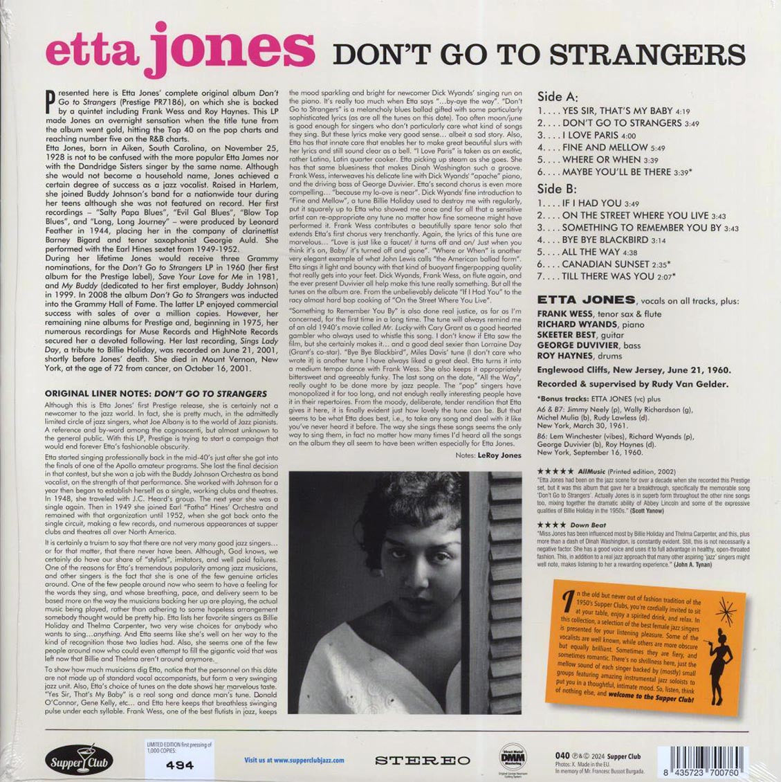 Etta Jones - Don't Go To Strangers (+3 bonus tracks) (180g) - Vinyl LP, LP