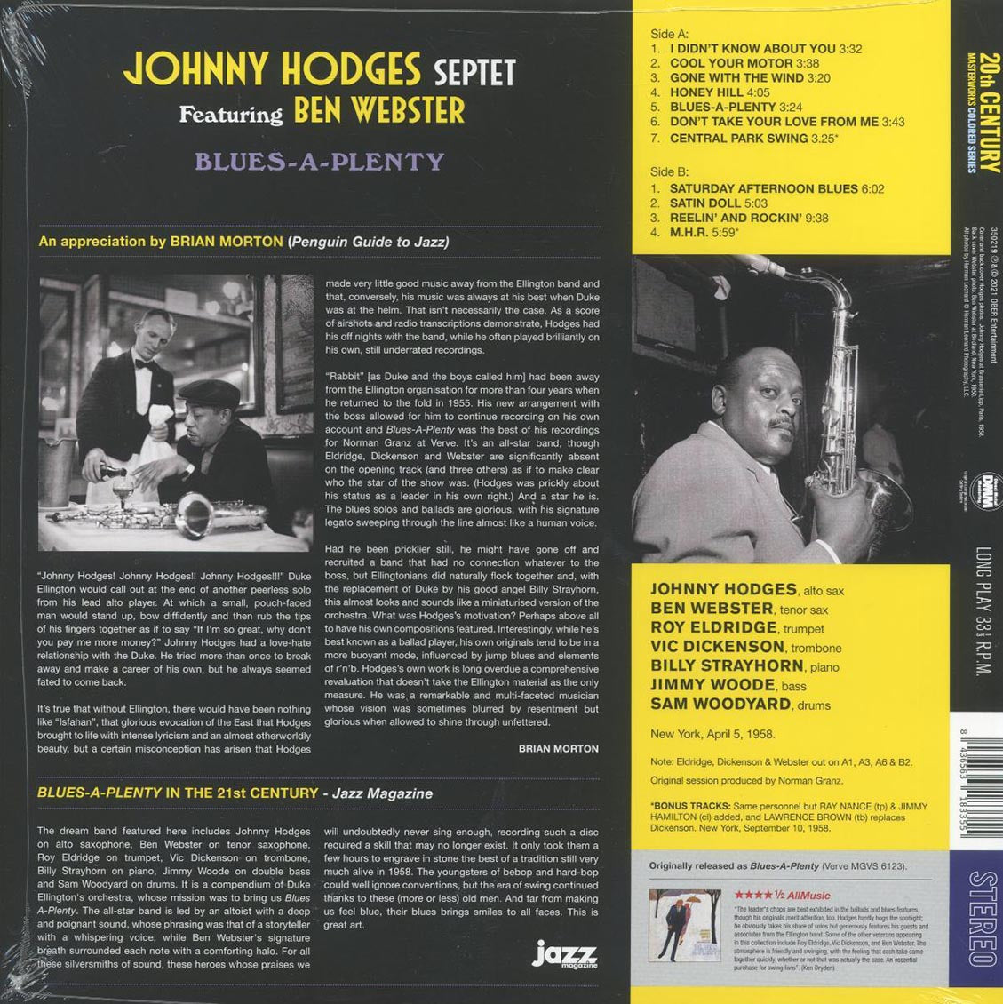 Johnny Hodges Septet, Ben Webster - Blues-A-Plenty (+2 bonus tracks) (ltd. ed.) (180g) (red vinyl) - Vinyl LP, LP