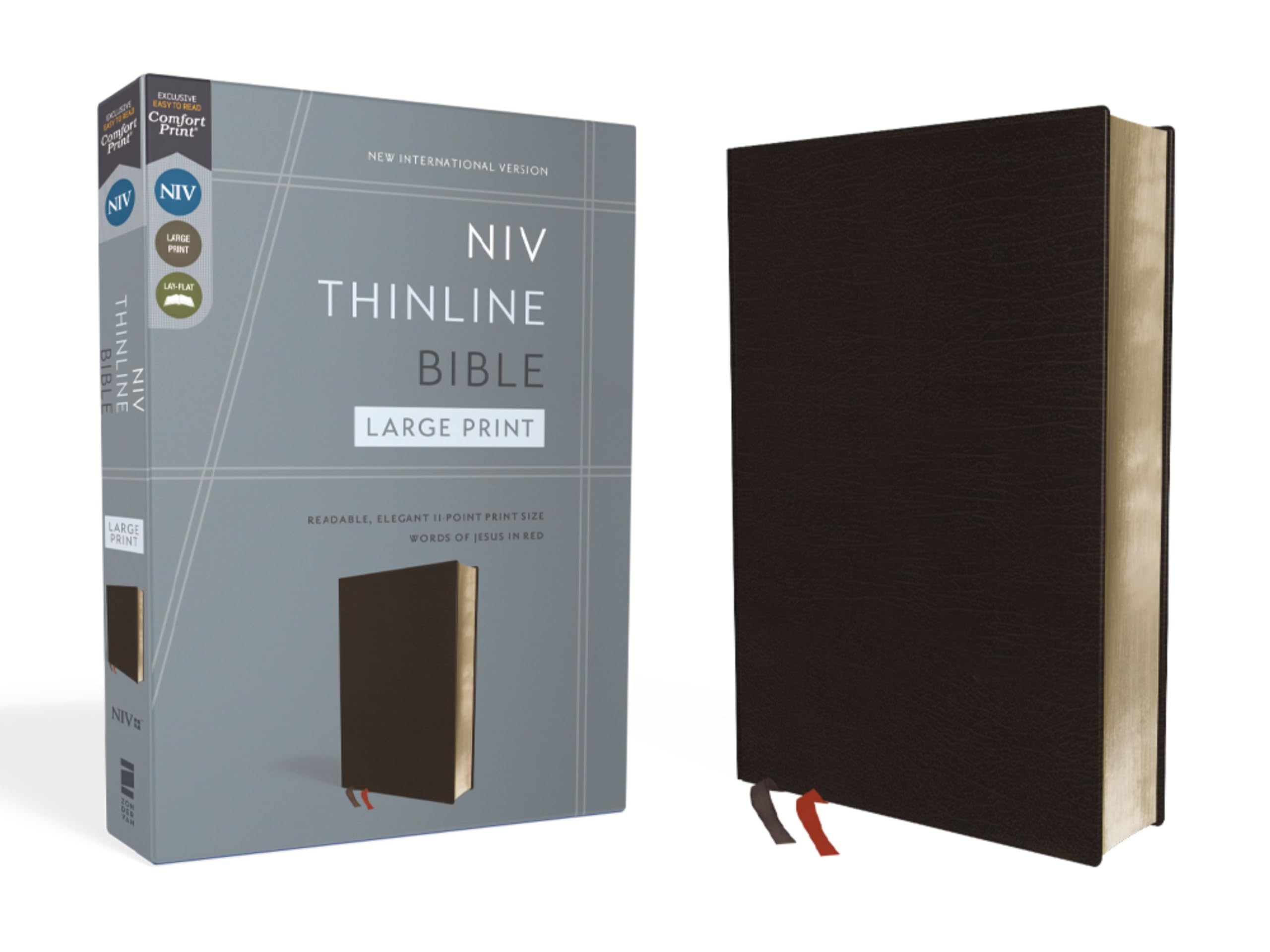 NIV, Thinline Bible, Large Print, Bonded Leather, Black, Red Letter Edition by Zondervan