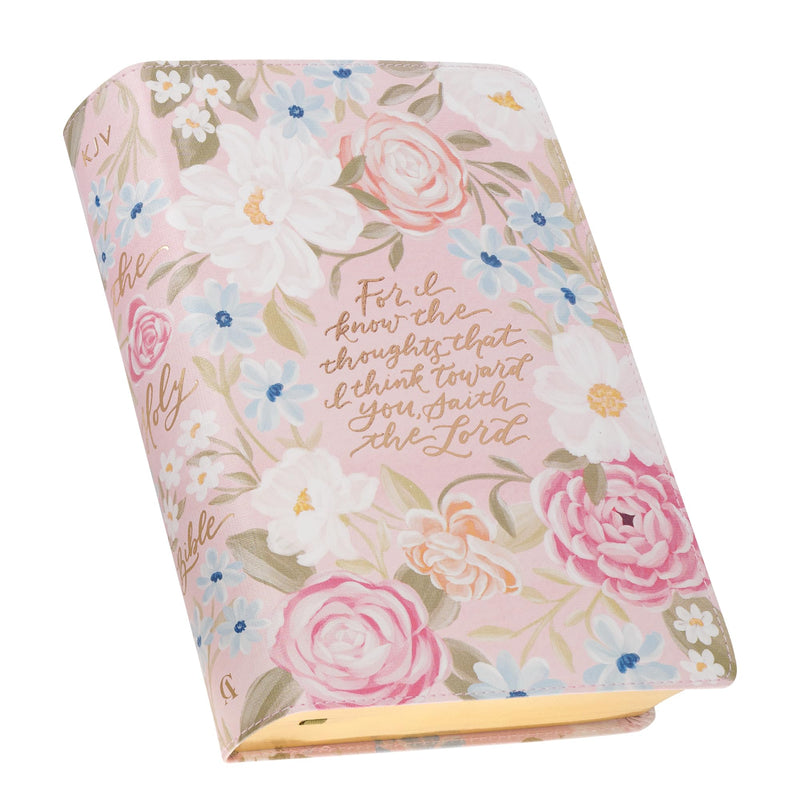 KJV Bible Giant Print Faux Leather for I Know the Plans, Pink Floral Printed Jer. 29:11 by Christian Art Gifts