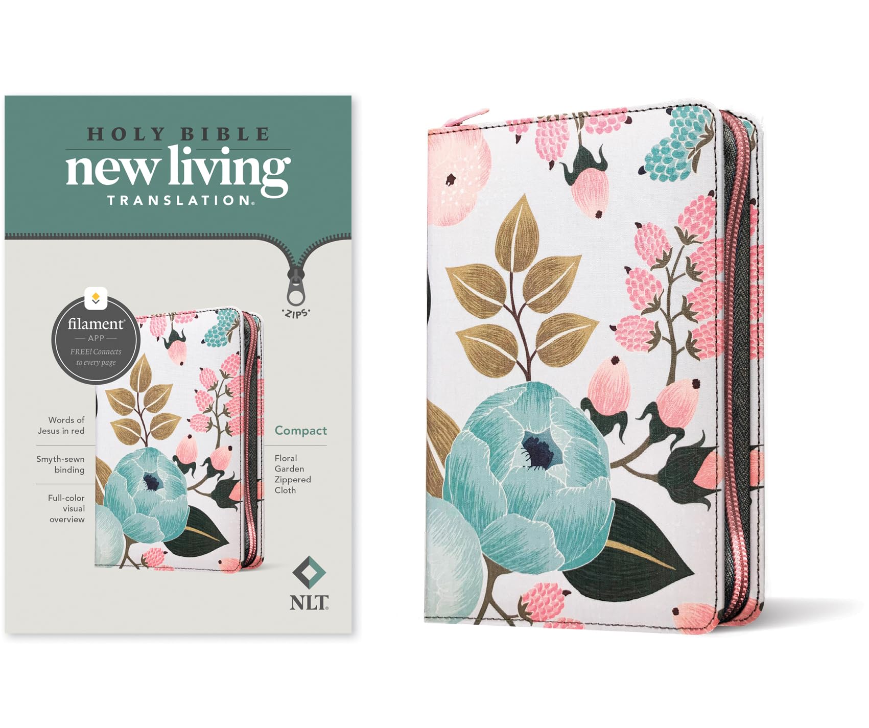 NLT Compact Zipper Bible, Filament Enabled Edition (Red Letter, Cloth, Floral Garden) by Tyndale