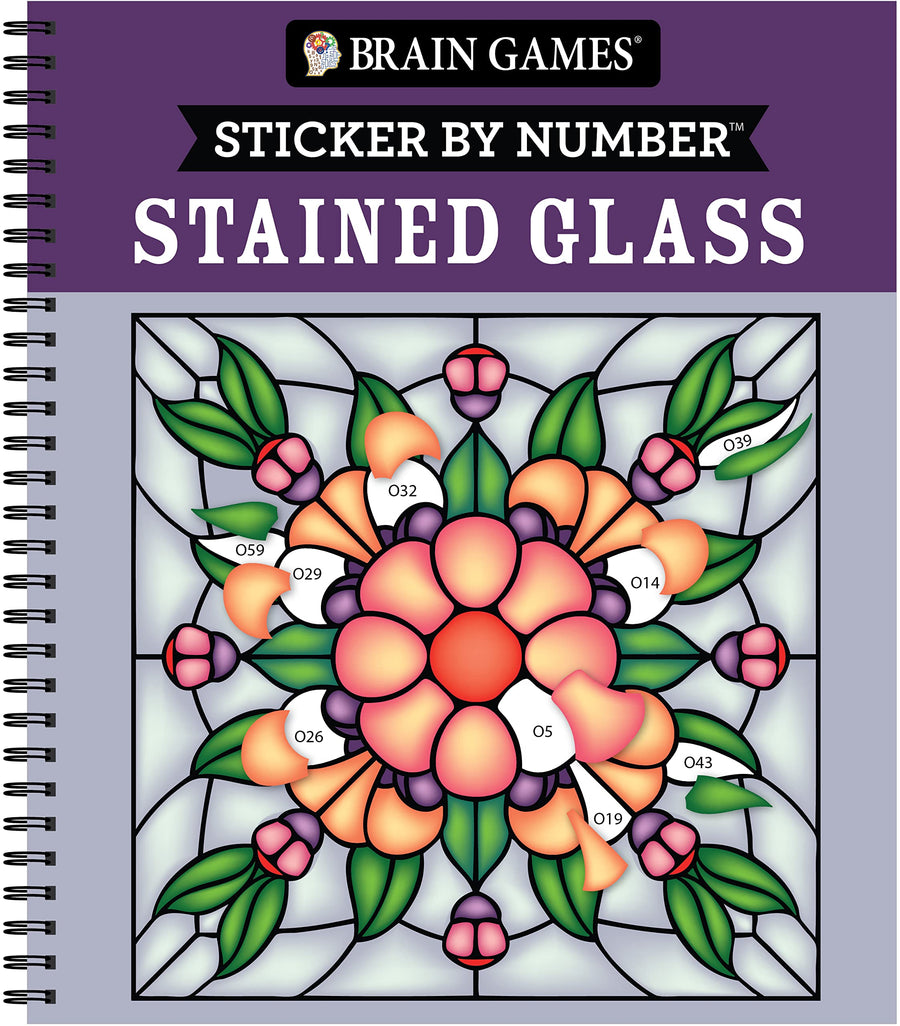 Brain Games - Sticker by Number: Stained Glass (28 Images to Sticker) -- Publications International Ltd, Spiral