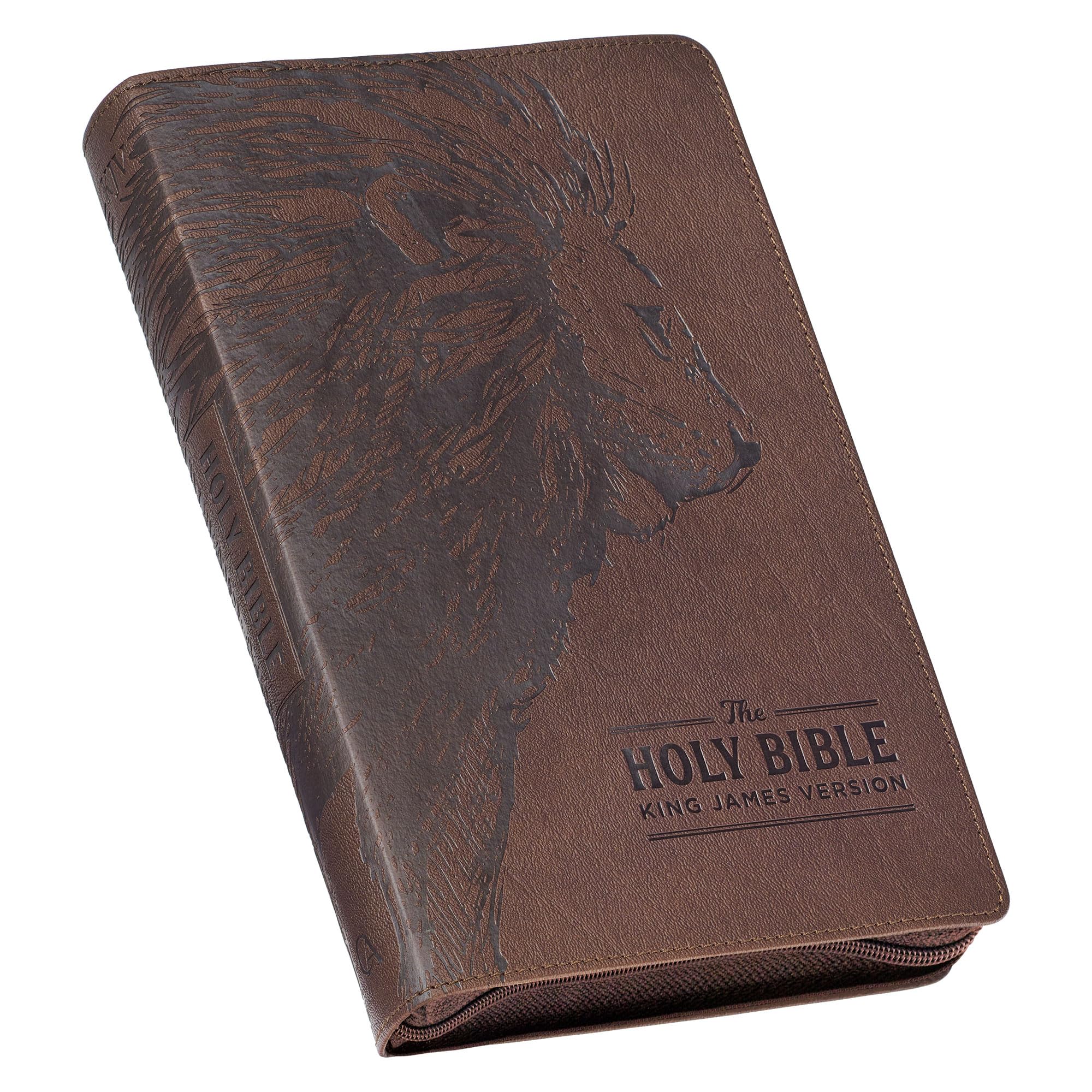 KJV Holy Bible, Standard Size Faux Leather Red Letter Edition - Thumb Index & Ribbon Marker, King James Version, Brown Lion Zipper Closure by Christian Art Gifts