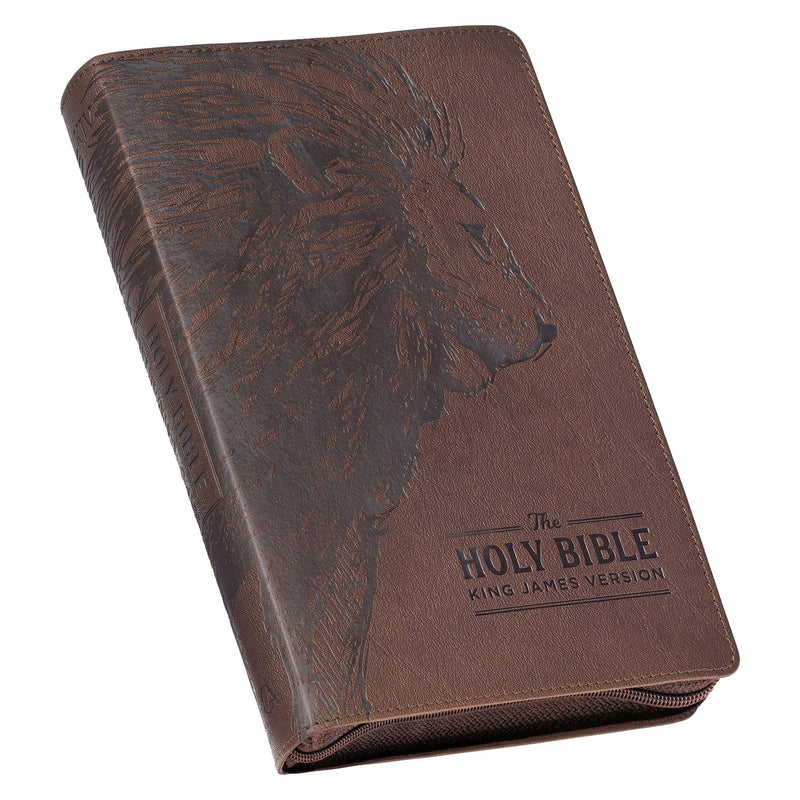 KJV Holy Bible, Standard Size Faux Leather Red Letter Edition - Thumb Index & Ribbon Marker, King James Version, Brown Lion Zipper Closure by Christian Art Gifts