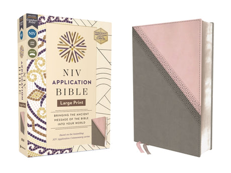 NIV Application Bible, Large Print, Leathersoft, Pink/Gray, Red Letter, Comfort Print: Bringing the Ancient Message of the Bible Into Your World -- Zondervan, Bible