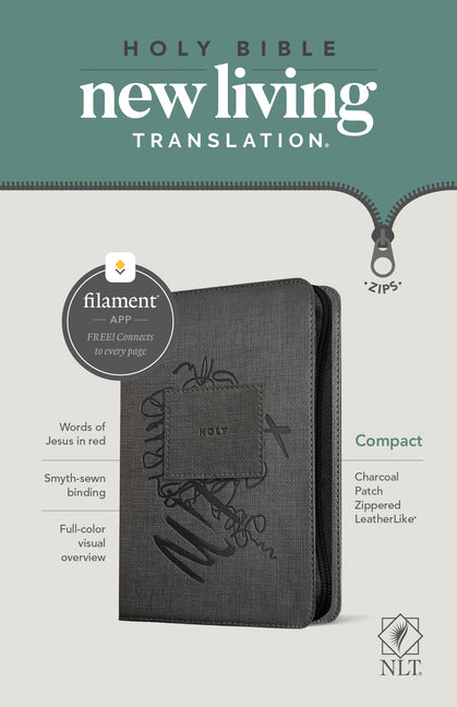 NLT Compact Zipper Bible, Filament Enabled (Leatherlike, Charcoal Patch, Red Letter) -- New Living Translation, Bible